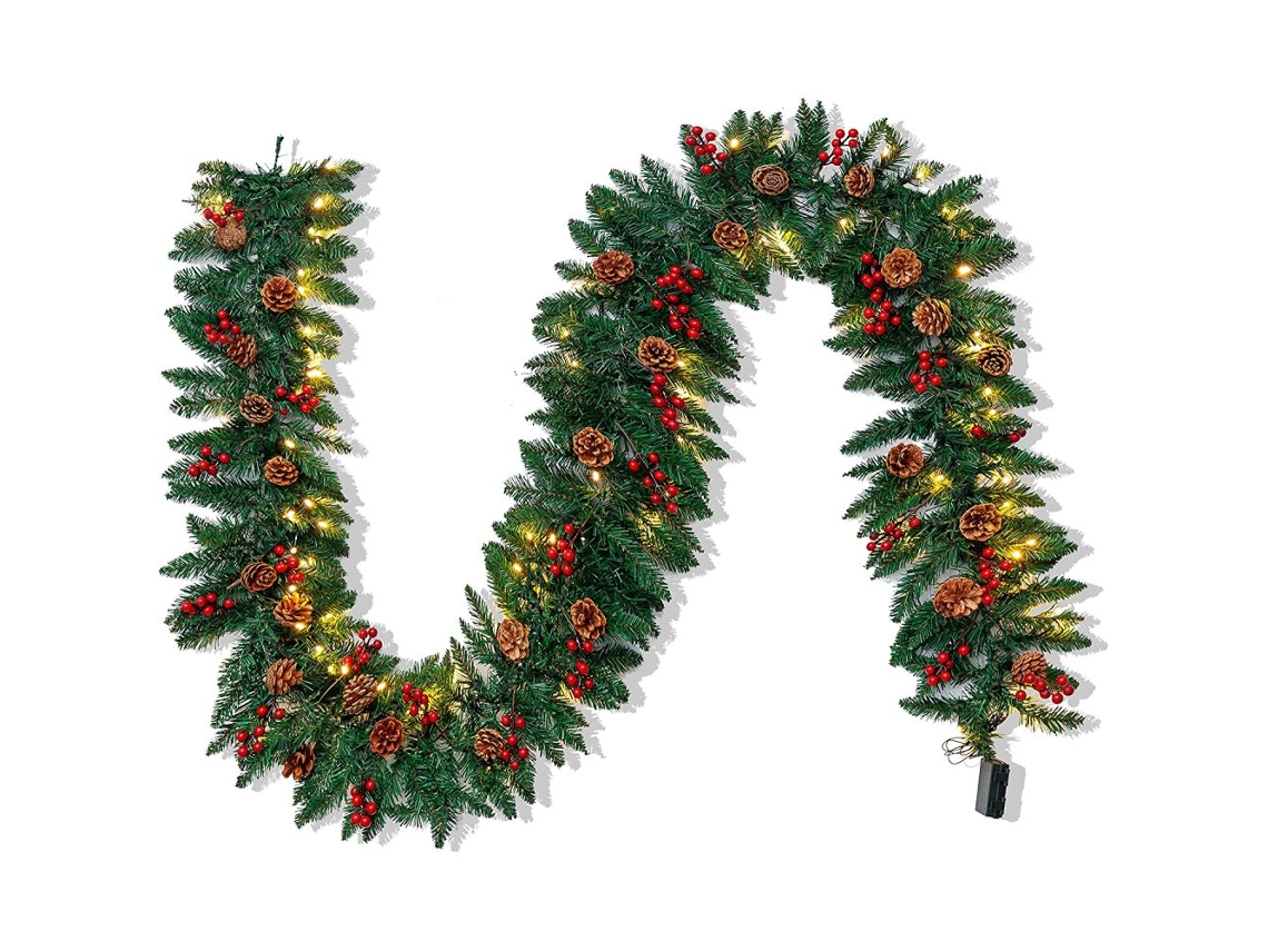 Guirlanda De Natal Artificial, Pré Iluminada, 2,7 Metros De Comprimento Com 100 Luzes Led, 27 Frutas Vermelhas, 27 Pinhas, Decoração Natalina Com Apar