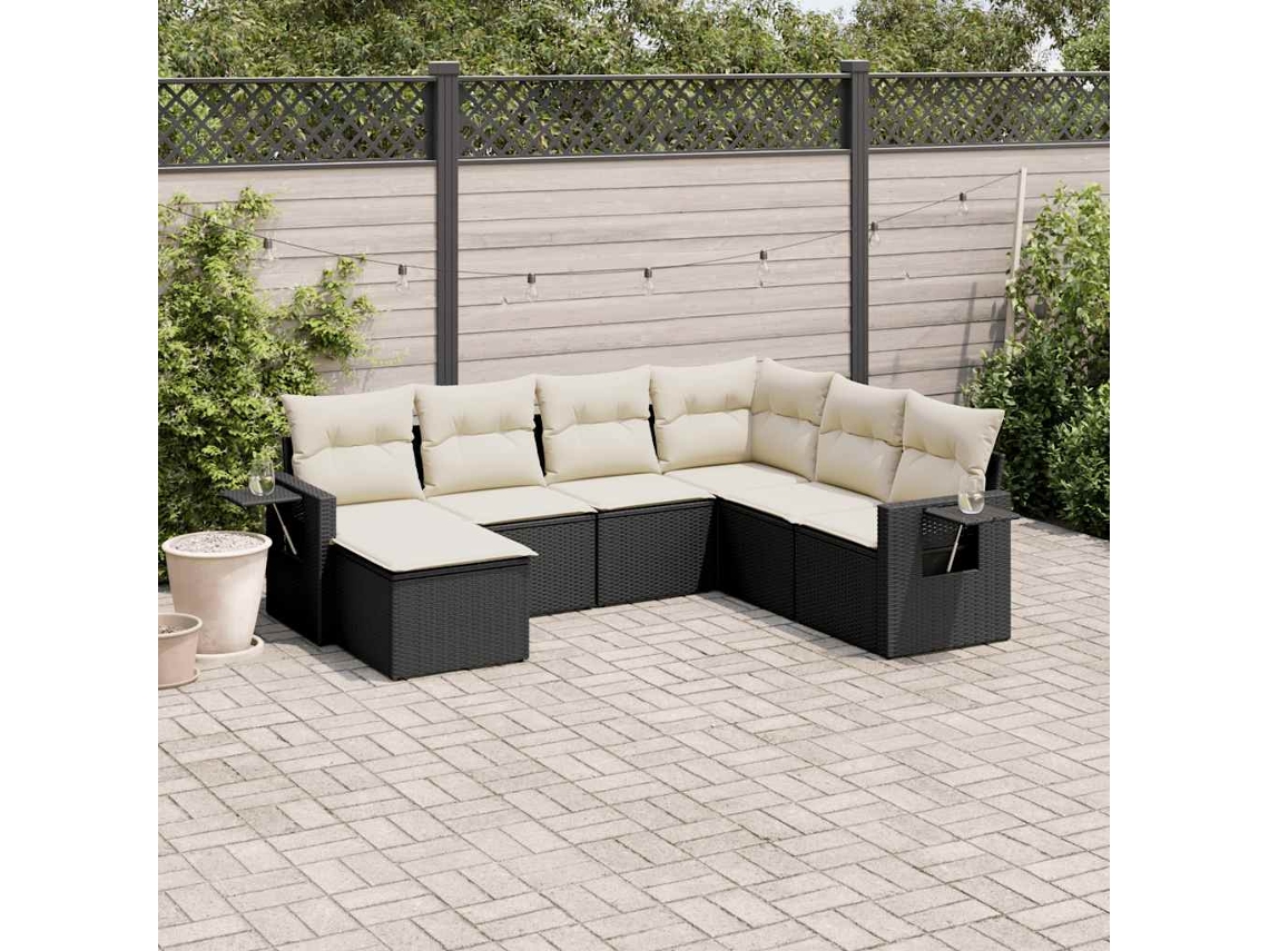 Vidaxl 7 Pcs Conjunto De Sofás P/ Jardim C/ Almofadões Vime Pe Preto