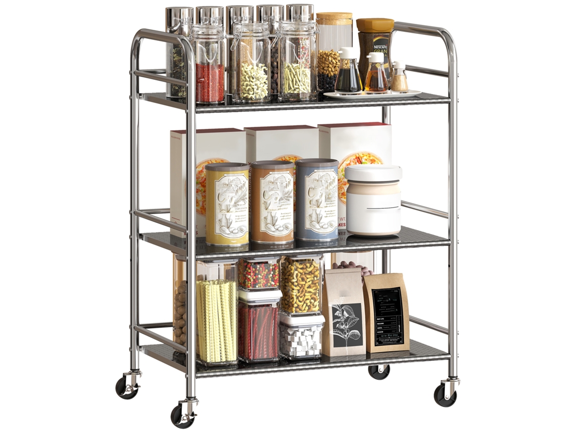 Carrinho Multiuso 4 Níveis com Prateleira Central Ajustável e Bordas Elevadas em Aço Inoxidável 60x35x77cm S/MARCA