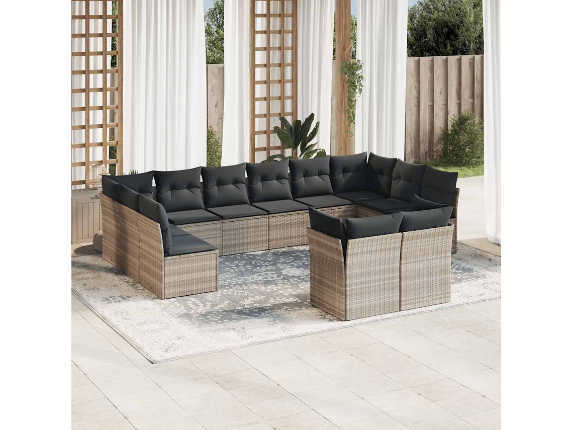 Vidaxl 12 Pcs Conj. Sofás Jardim Com Almofadões Vime Pe Cinzento-claro