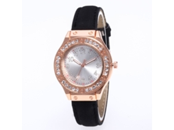 Relógio feminino de quartzo com pulseira de couro sintético e strass, mostrador redondo preto.