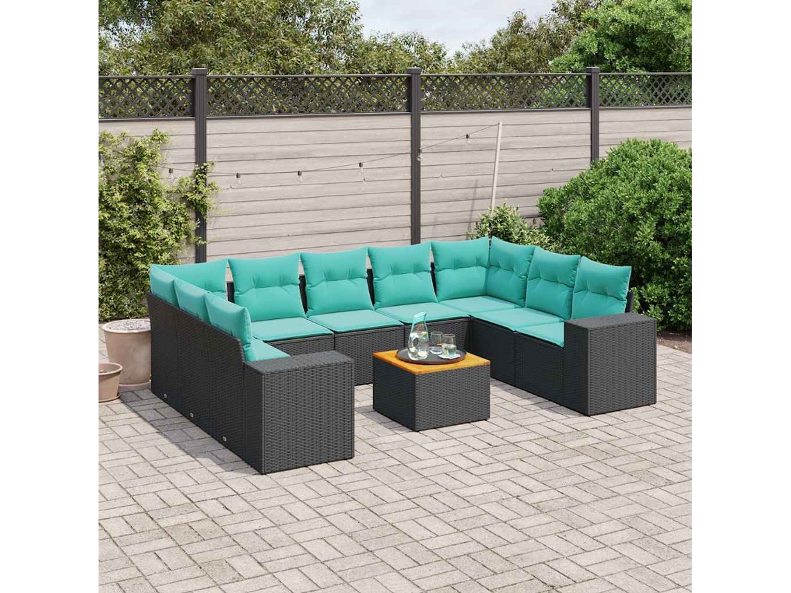 Conjunto de sofá de jardim Vidaxl com 10 peças e almofadas em rattan sintético marrom.