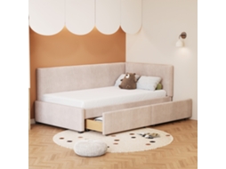 Banco cama estofado em veludo, 90 x 200 cm, 2 gavetas e base de ripas bege.