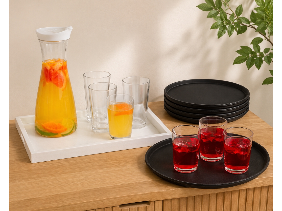 Conjunto para Jantares 2 Peças: 5 Tabuleiros Antiderrapantes e Garrafa de Vidro com Copos NORTHIO