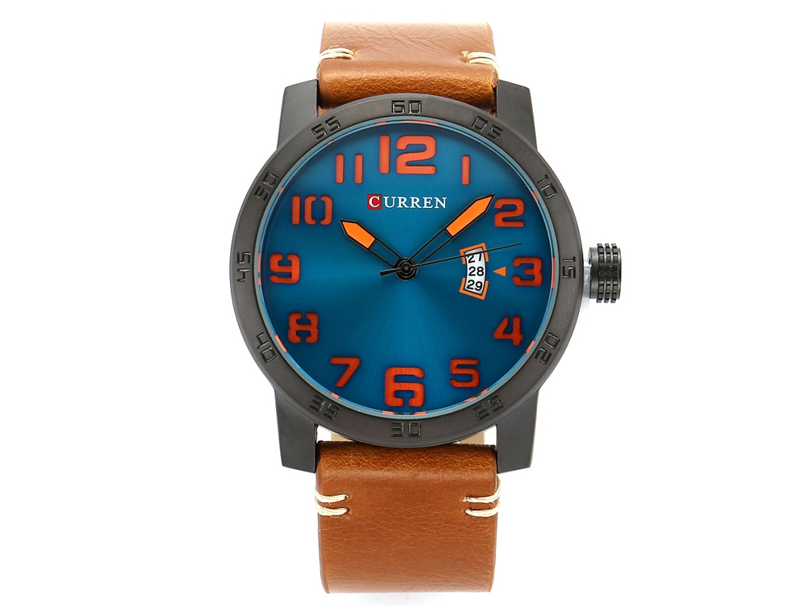 Relógio de pulso masculino de quartzo, estilo fashion, à prova d'água com calendário, preto, azul e laranja.