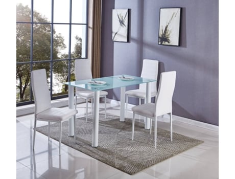 Conjunto de Mesa com 4 Cadeiras SALDOS Y STOCK Branco (Vidro Temperado e Couro Sintético - 110X70 cm)