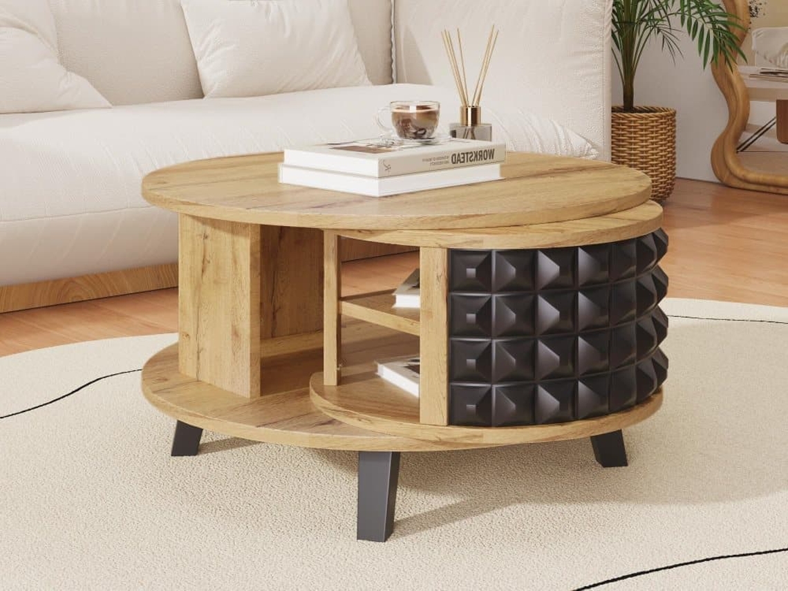 Mesa De Centro - Com Arrumação Interior Giratória - Natural E Preto