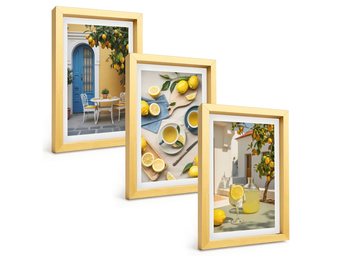 Quadros Decorativos Para Paredelimões, Limonada, Portas Azuis Moldura Dourada Quadros Para O Escritório Espelharte (3 Peças 20x30 Cm)