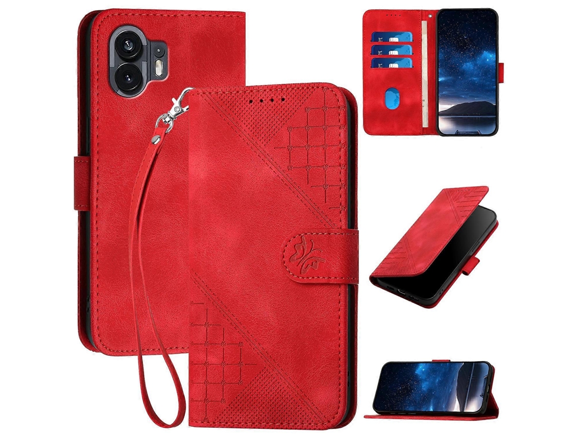 Capa De Couro Com Estampa De Borboleta Em Relevo Yx0080 Com Cordão Para Nothing Phone 2