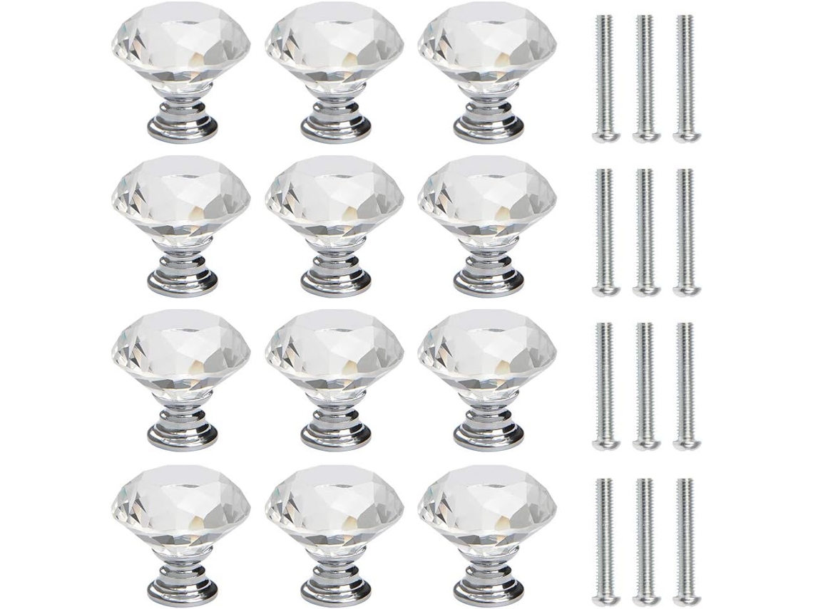 Conjunto de 12 Maçanetas Porta Cristal Diamantado 30 Mm com S BRILVIBERA