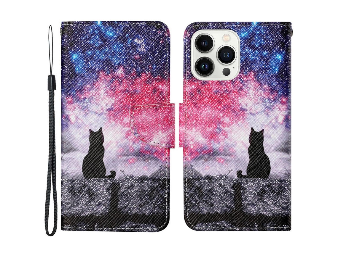 Capa Em Couro Pu Para Apple Iphone 16 Pro Max - Gato Galáxia