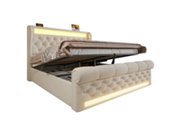 Cama de casal moderna estofada 140x200cm com luz led, cabeceira com armazenamento, usb e type c, hidráulica, veludo bege PAPRIKA