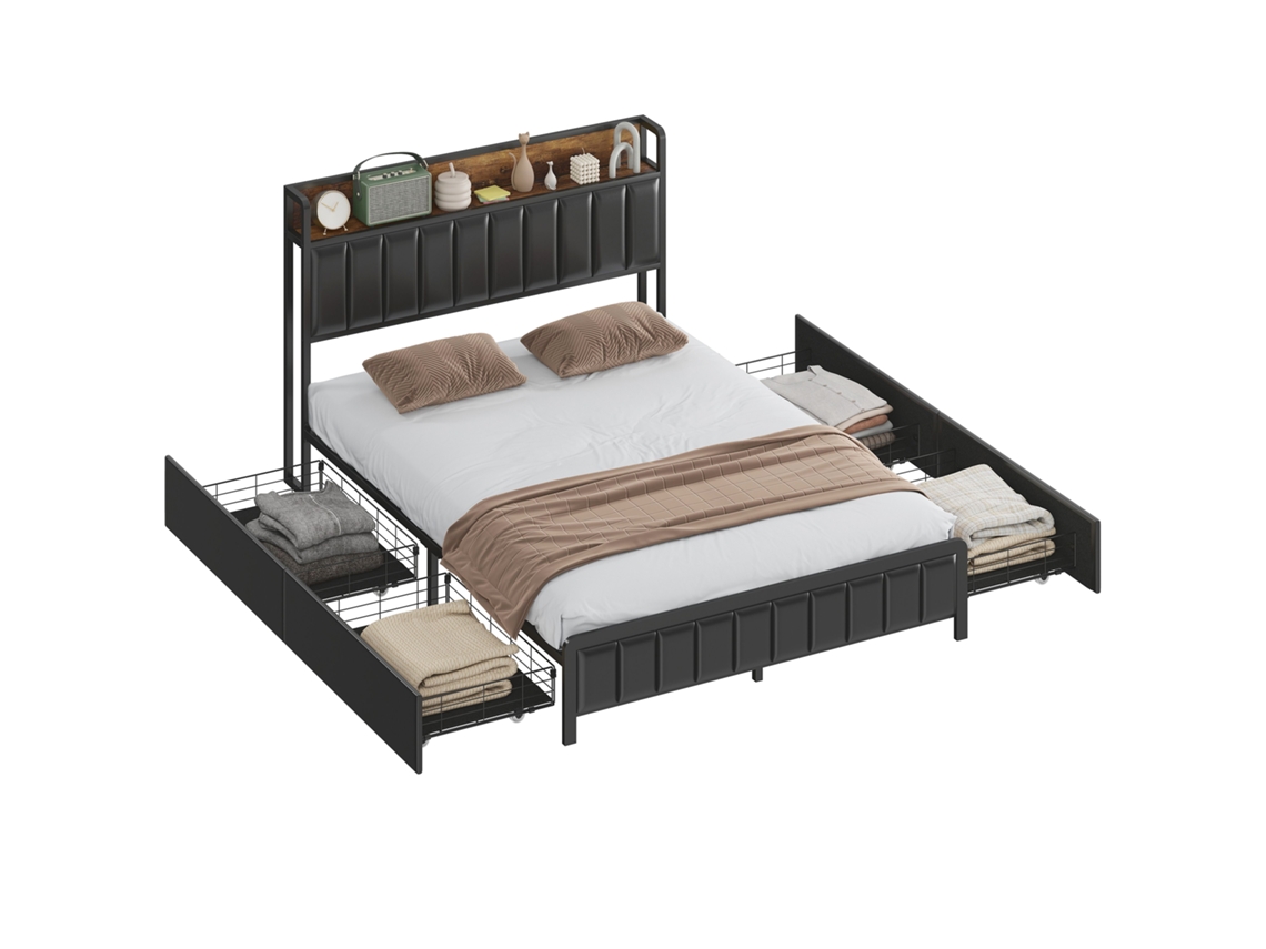 Cama De Casal Com Colchão, Com 4 Gavetas E Uma Prateleira