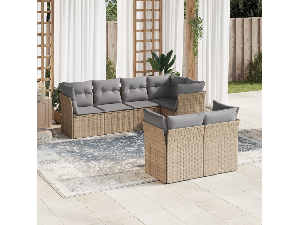 Vidaxl 7 Pcs Conjunto De Sofás P/ Jardim Com Almofadões Vime Pe Bege