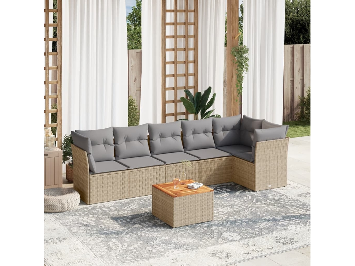 Vidaxl 7 Pcs Conj. Sofás Jardim C/ Almofadões Vime Pe Bege Misturado
