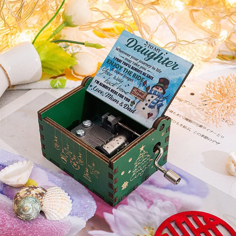 Caixa de Música Natalina Vintage com Manivela, Requintada Peça Artesanal em Resina e Madeira Pintada À Mão MDUG (estilo 4)