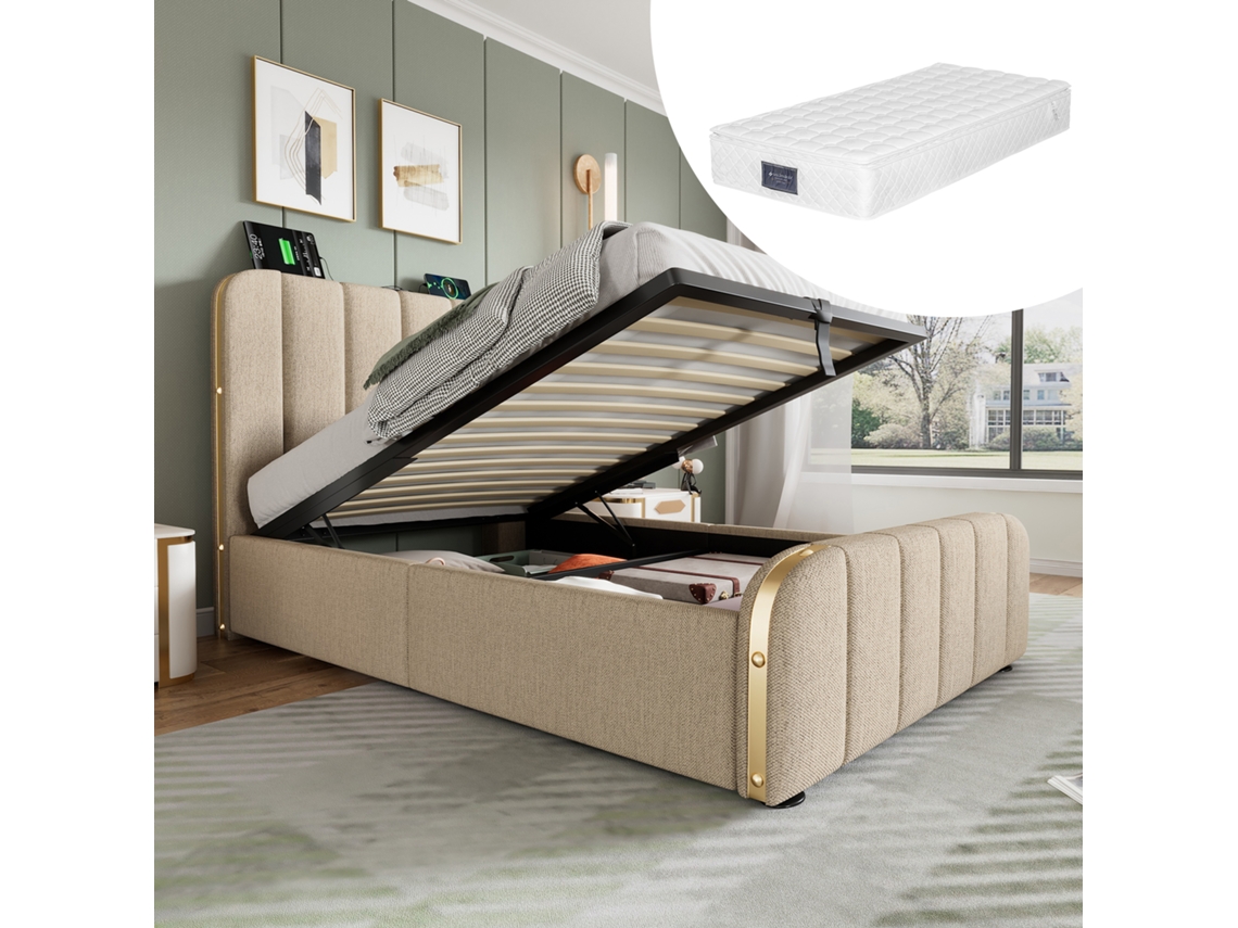 Cama Solteiro Polsterbett 90x200cm Bege Com Usb-c E Cabecote Dourado