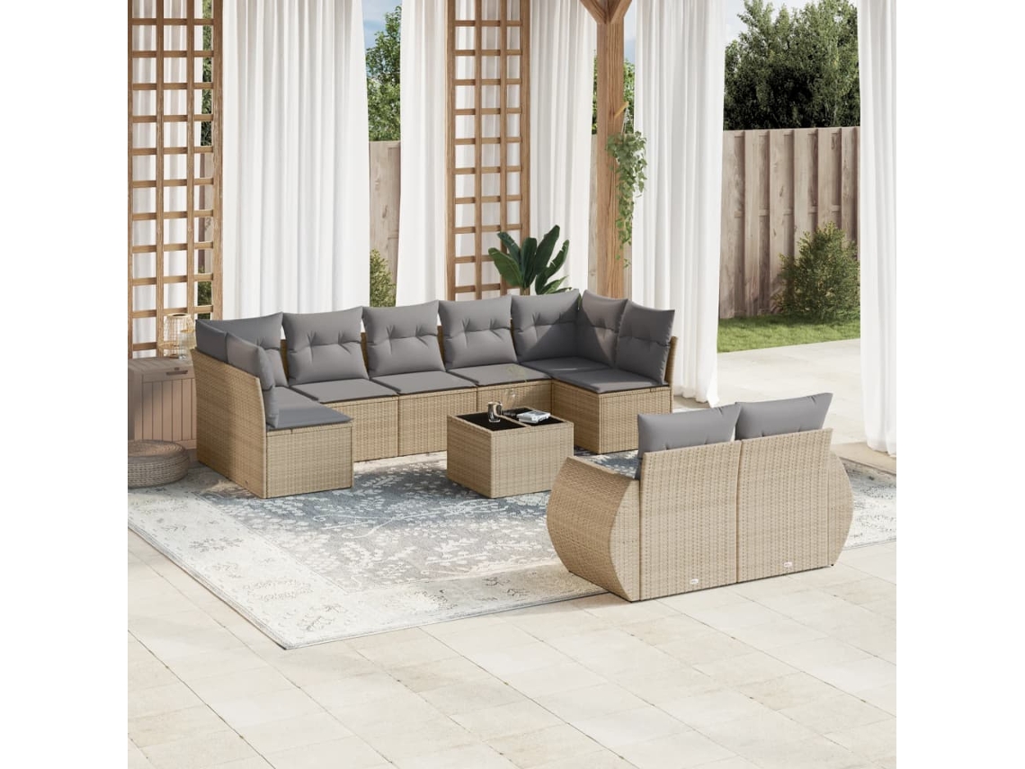 Vidaxl 10 Pcs Conjunto De Sofás P/ Jardim Com Almofadões Vime Pe Bege