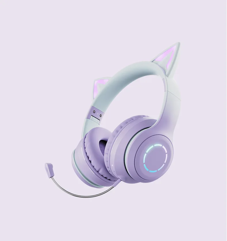 Fones De Ouvido Sem Fio Bluetooth 5.1 Com Orelhas De Gato (roxos), Efeitos De Iluminação E Driver Estéreo.