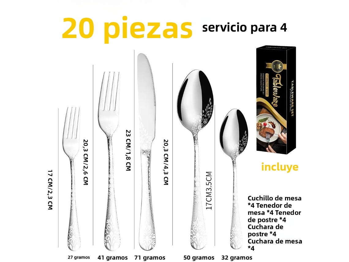 Conjunto de Talheres de Aço Inoxidável com 20 Peças, Incluindo Faca, Garfo e Colher. MDUG (prateado)