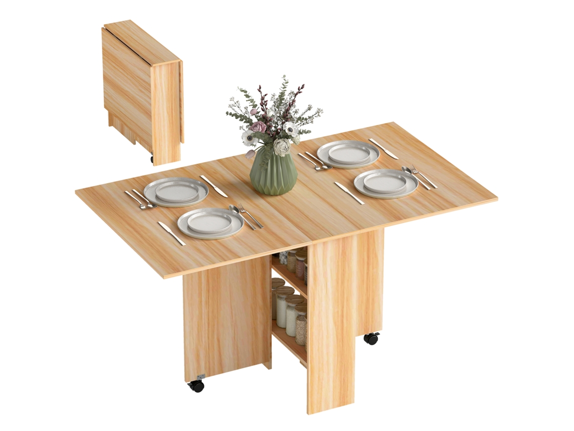 Mesa De Madeira Jantar Dobrável Com Rodas Lateral Multifuncional Asas Dobráveis E Prateleiras 140x80x74cm