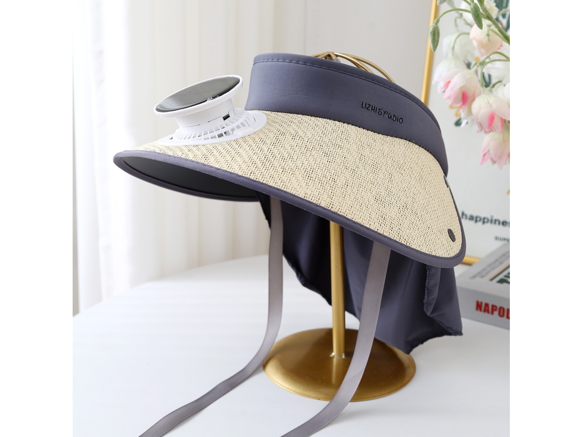 Chapéu de Sol Elétrico de Aba Larga com Ventilador para Homens, Proteção Uv MDUG (xale Bege)