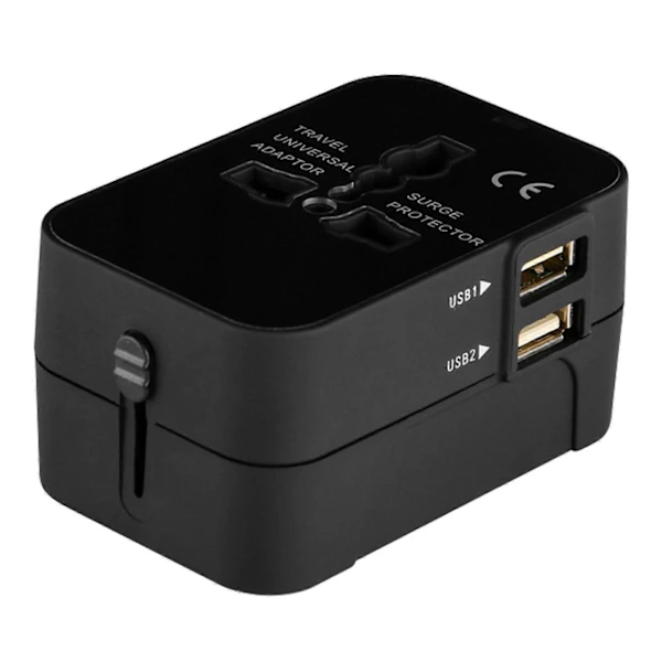 Adaptador Universal De Viagem Internacional Com 2 Portas Usb, Carregador De Parede, Perfeito Para Férias Em Família, Preto