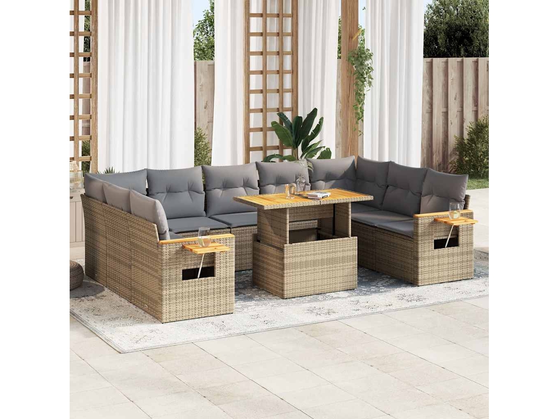 Vidaxl 10 Pcs Conj. Sofás P/ Jardim C/ Almofadões Vime Pe/acácia Bege