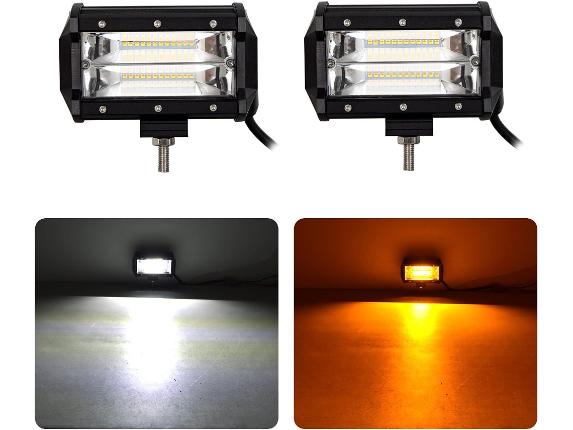 Farol de trabalho estroboscópico LED de 5 polegadas (13 cm), 72 W, 12 V/24 V, laranja/branco, para veículos.
