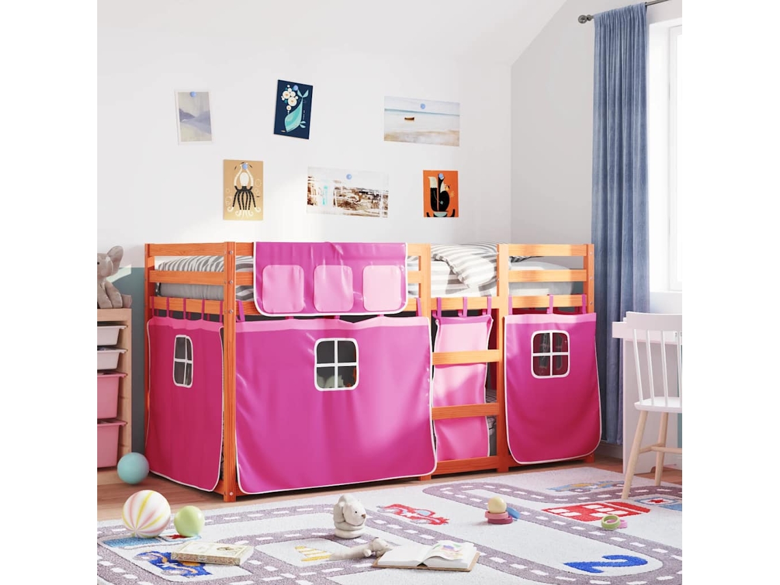 Vidaxl Beliche com Cortinas 90x200 Cm Madeira de Pinho Maciça Rosa