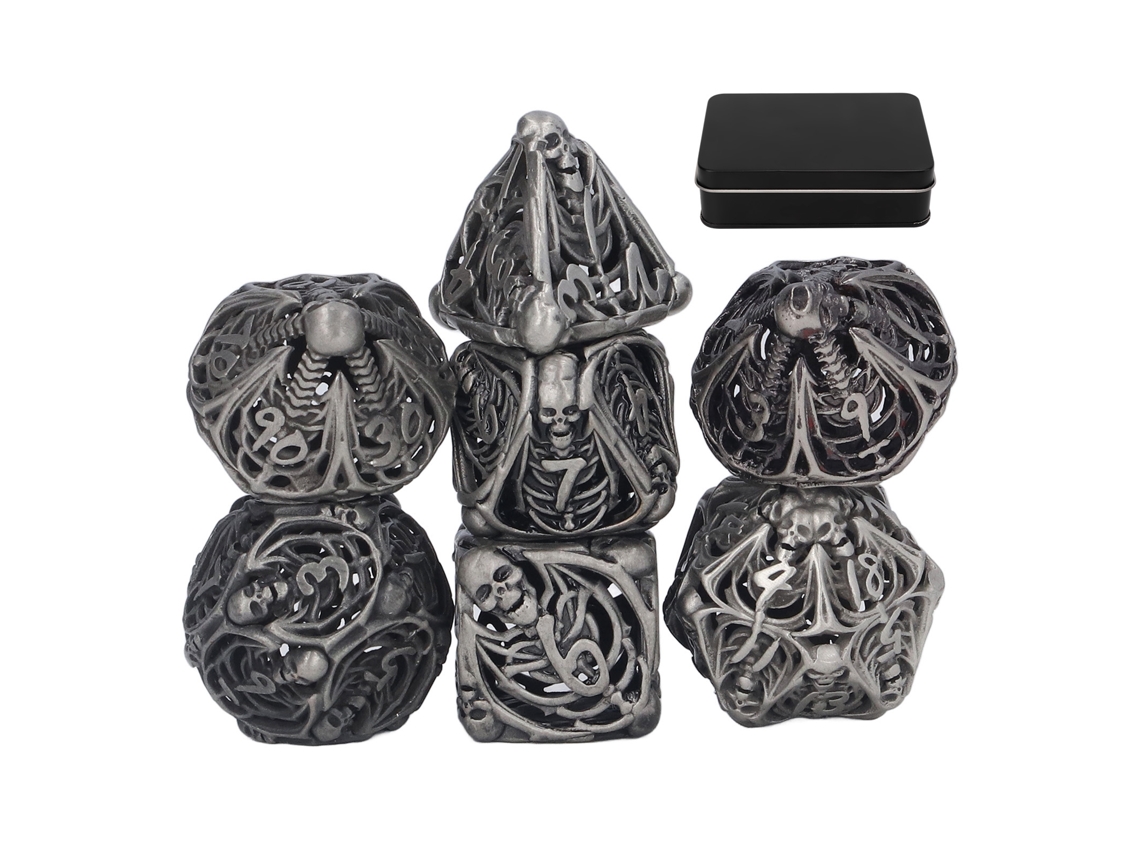 Mali 7pcs Dados Poliédricos de Metal Padrão Oco de Crânio para Jogos de Tabuleiro Rpg Antigo Prata