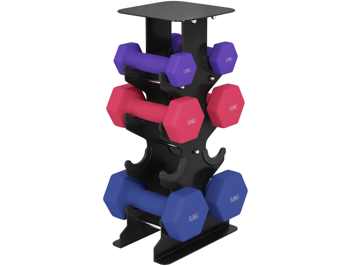 Conjunto de 3 Halteres Hexagonais TOPBRICO com suporte, 2x1 Kg, 2x3 Kg, 2x5 Kg, com pegas antiderrapantes para treino em casa