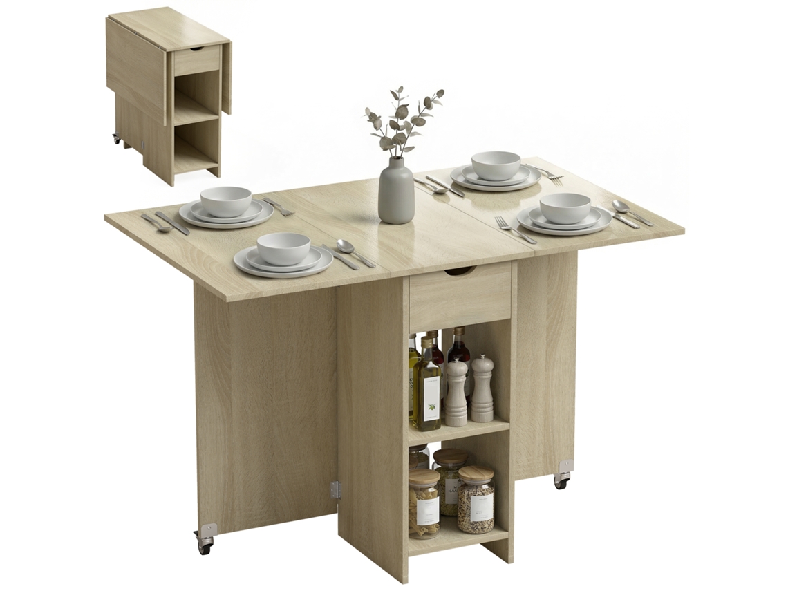 Mesa de Jantar Dobrável para 2 a 4 pessoas, com rodas, compartimento e gaveta, para espaços pequenos, natureza S/MARCA