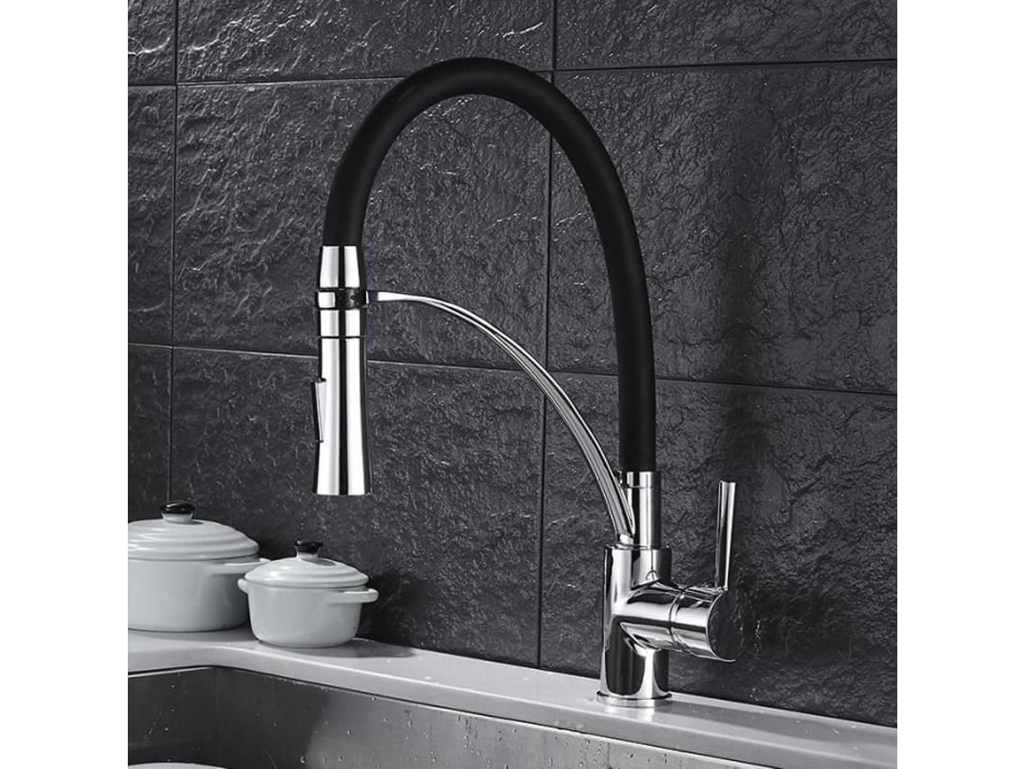 Torneira Misturadora De Cozinha, Misturador De Pia Cromado Com Rotação De 360° E Braço Giratório, Ducha Extensível Em Silicone Preto