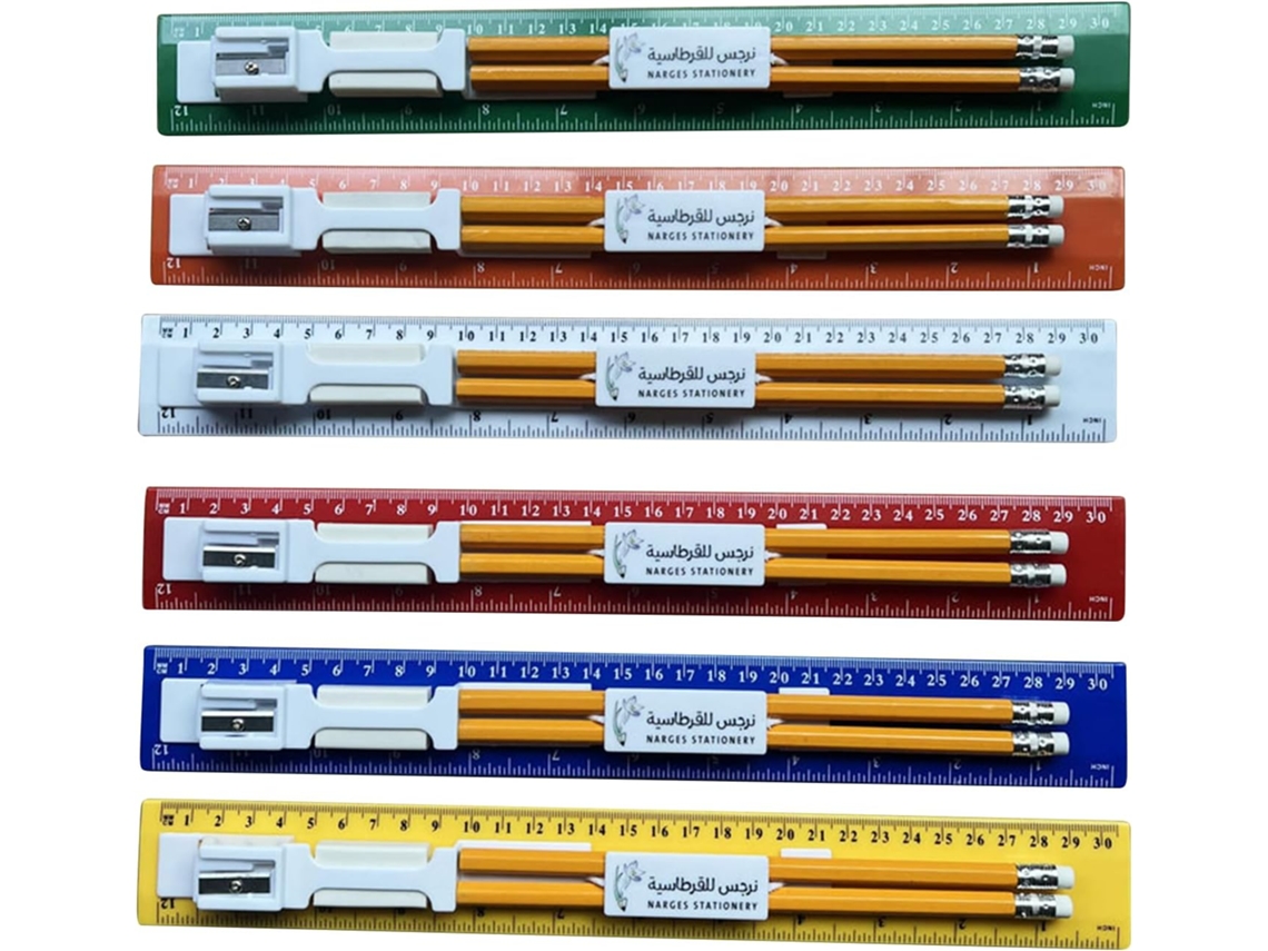 Conjunto De Régua 30 Cm: Inclui Apontador, Lápis E Borrachas Em Cores