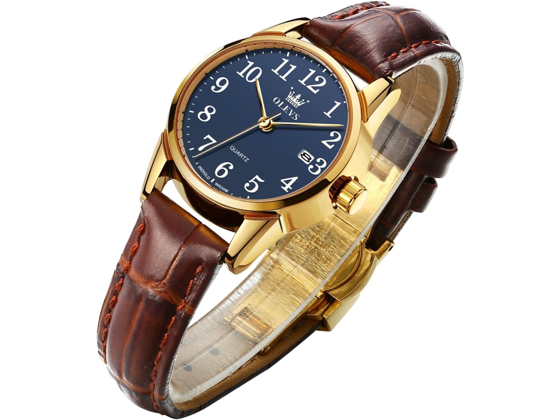 Lurelia Relógio Feminino, Movimento De Quartzo, Data/calendário, Luminoso, 29 Mm, 9,06 Polegadas, Couro, Resistente À Água, Azul, Dourado