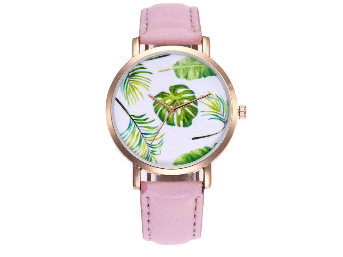 Relógio feminino moderno com mostrador redondo, mecanismo de quartzo e pulseira de couro PU, na cor rosa.