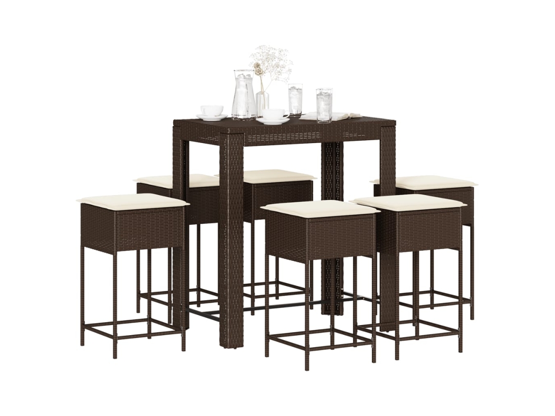 Vidaxl 7 Pcs Conjunto De Bar P/ Jardim C/ Almofadões Vime Pe Castanho