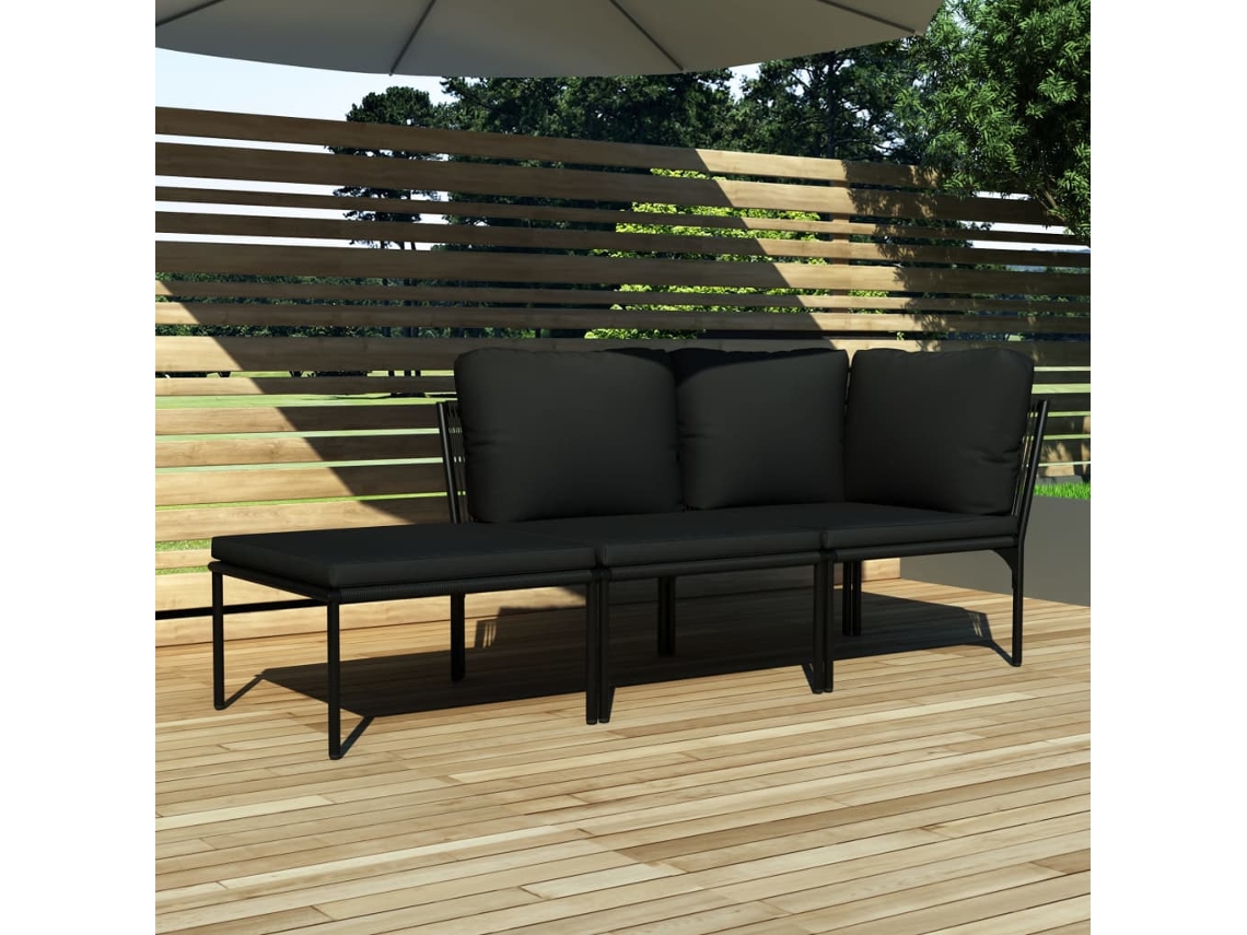 Vidaxl 3 Pcs Conjunto Lounge De Jardim C/ Almofadões Pvc Preto
