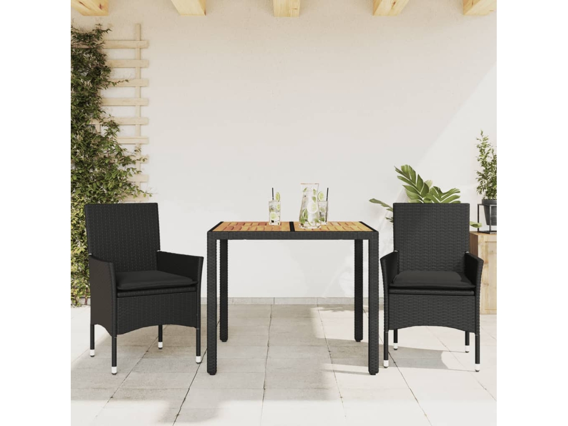 Vidaxl 3 Pcs Conjunto Jantar Jardim C/ Almofadões Vime Pe/acácia Preto