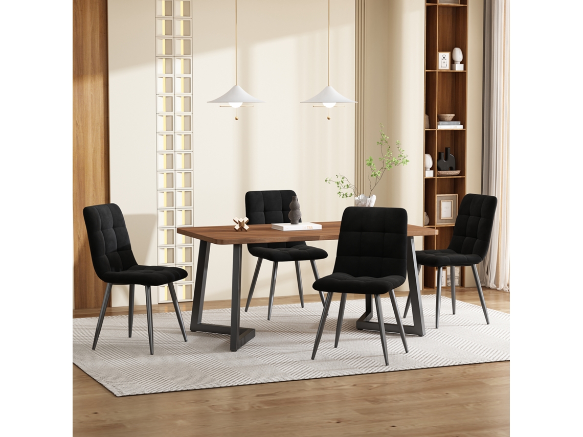 Conjunto Jantar 5pç, Mesa Nogueira + 4 Cadeiras Veludo Preto, Metal Preto. -qq