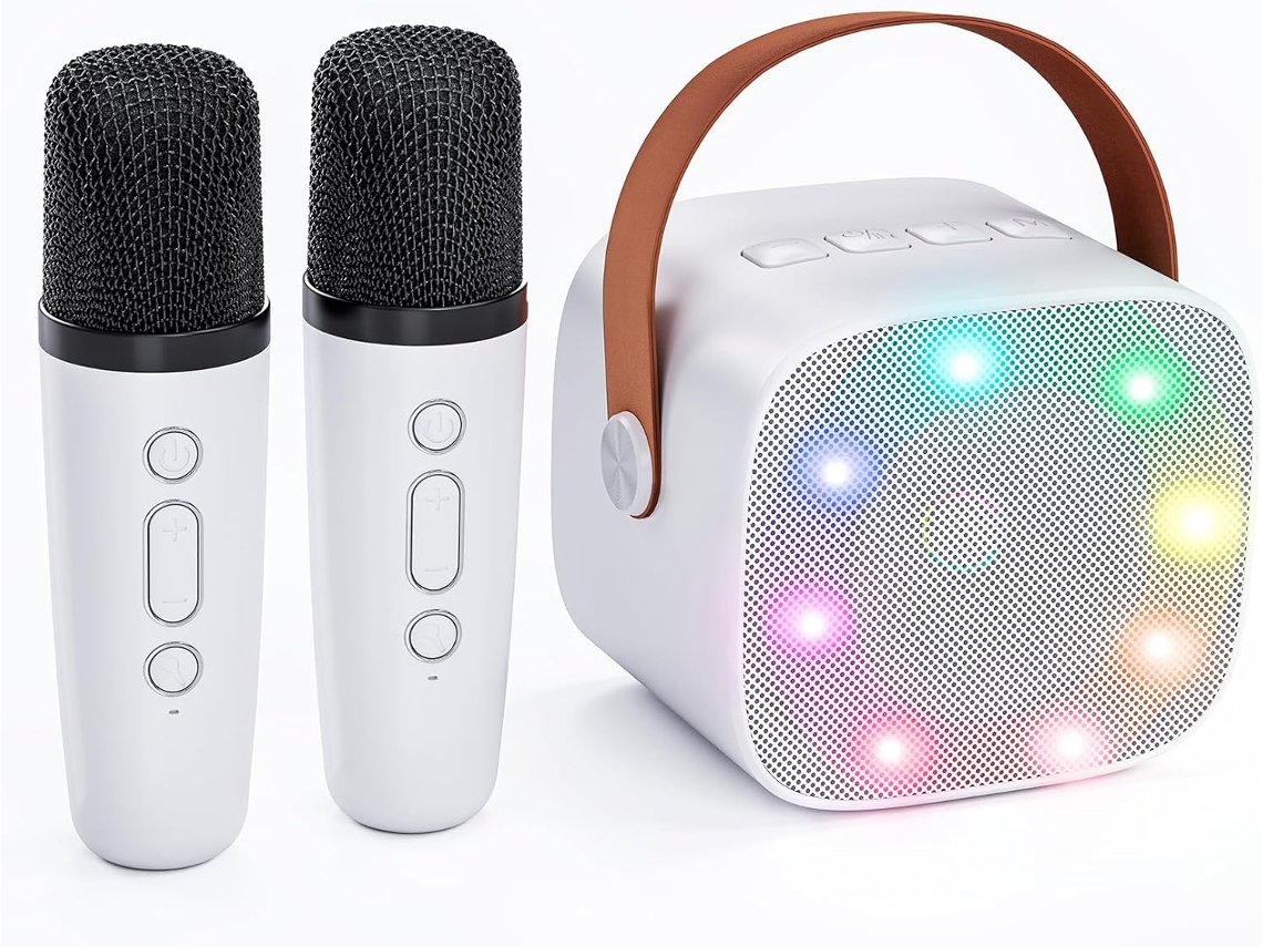 Máquina De Karaokê Infantil, Mini Caixa De Som Portátil Bluetooth Com 2 Microfones Sem Fio E Luzes Coloridas Aquaforge (branca)