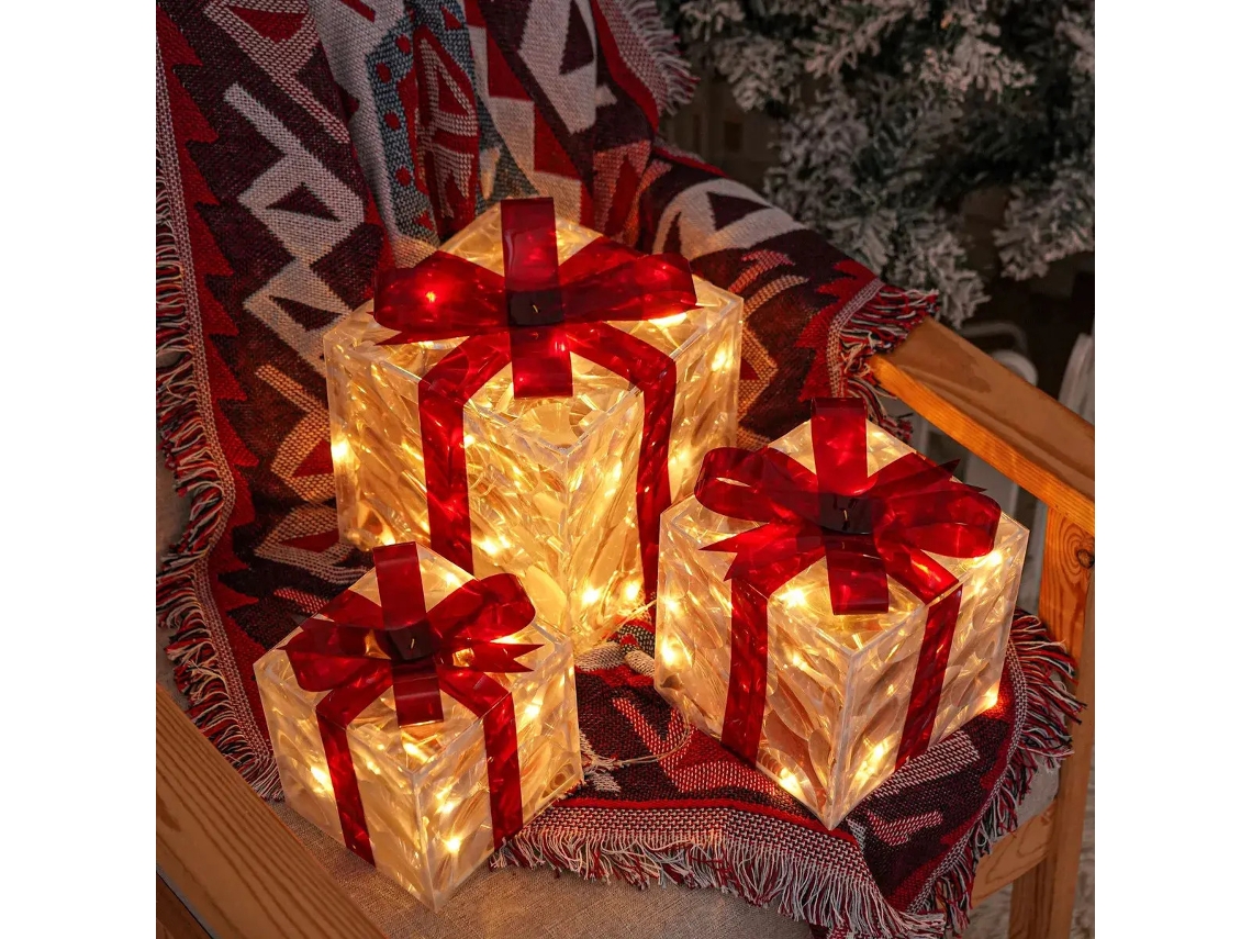 . Conjunto De 3 Caixas De Presente Com Luzes Para O Natal |