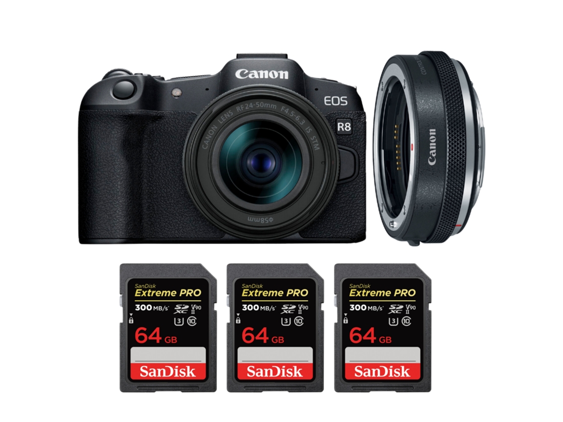 Eos R8 + Rf 24 50mm Is Stm + Ef eos R Premium + 3 Sandisk 64gb Uhs ii 300mb/s + Ebook “20 Dicas para Fotos Que Impressionam” CANON