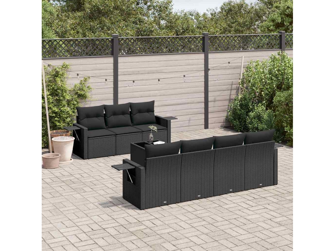 Vidaxl 8 Pcs Conjunto Sofás De Jardim Com Almofadões Vime Pe Preto
