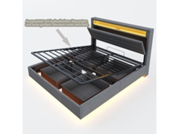 Cama Estofada 140x200 Cm com Estrutura Hidráulica, armazenamento, usb e Luz Led, cabeceira Reversível em Cinza Linho PAPRIKA