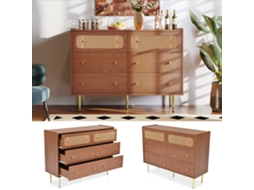 Cômoda com 6 gavetas, aparador alto em rattan para salas de estar e salas de jantar, Cor Nogueira - L90/C120/P40 cm