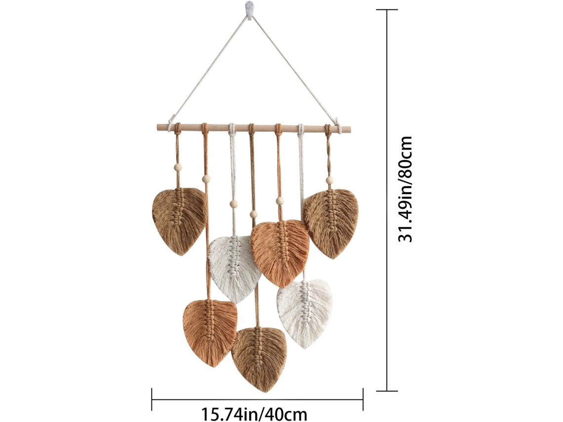 Painel de Macramê para Parede, 15, 7 X 31, 4 Polegadas, Decoração Boho com Folhas, Papel de Parede em Macramê com Penas BRILVIBERA