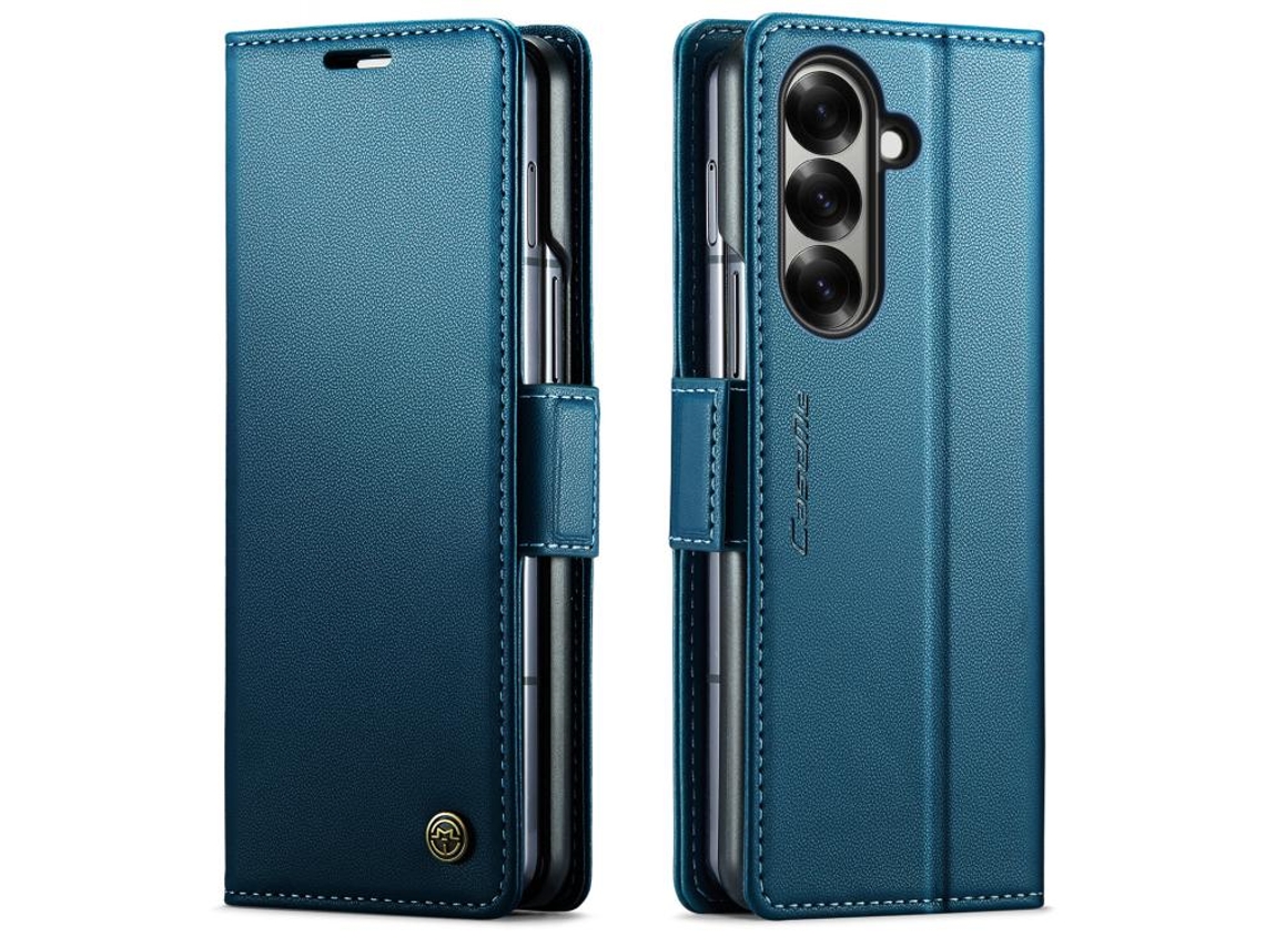 Capa Para Samsung Galaxy Z Fold 7 De Couro Rfid Antirroubo Com Textura De Lichia E Fivela Borboleta Azul