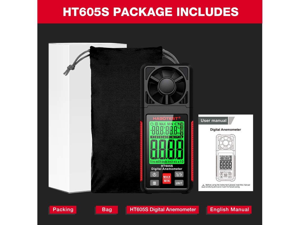 Anemômetro Digital Ht605s Medidor De Velocidade Do Vento, Temperatura E Umidade